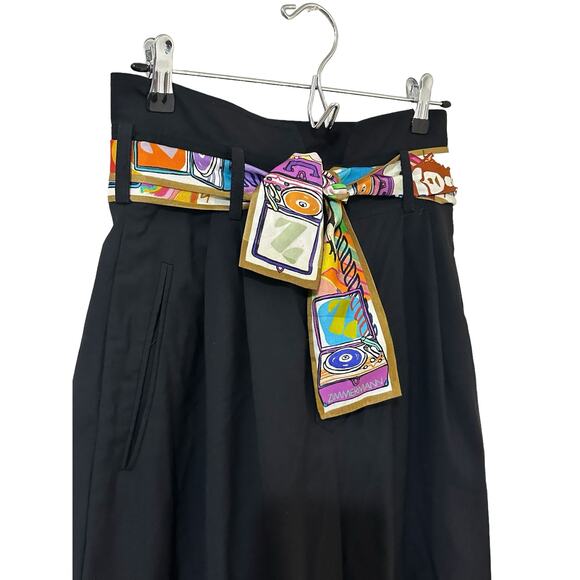ZIMMERMANN Pants Black Wool High Waist Wide Leg Pleat Colorful Silk Belt size 6 - Picture 3 of 11